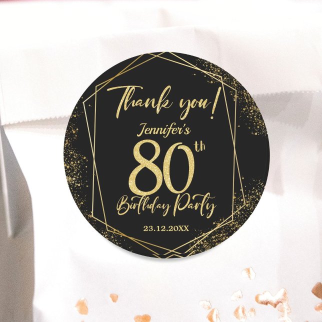 Surprise 80th Birthday Party Black & Gold Glitter Classic Round Sticker (Creator Uploaded)