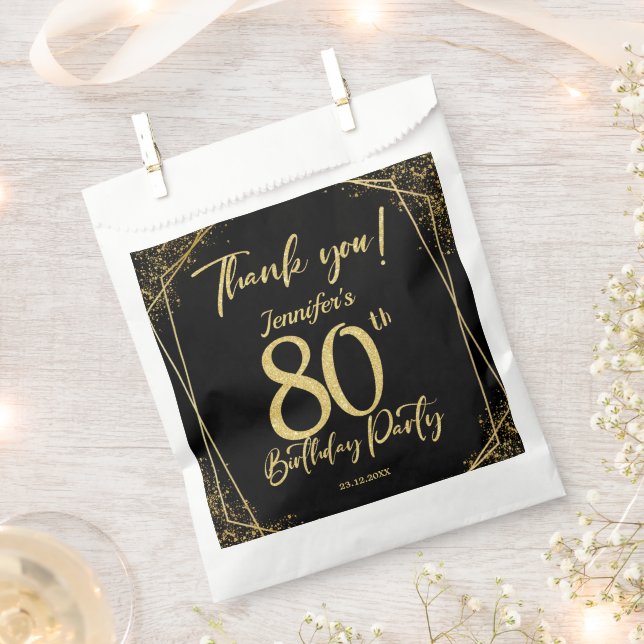 Surprise 80th Birthday Party Black & Gold Glitter Favour Bag (Clipped)