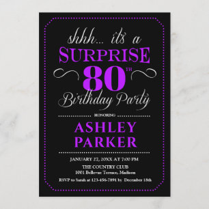 Surprise 80th Birthday Party - Black Purple Invitation
