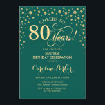 Surprise 80th Birthday Party - Emerald Green Gold Invitation<br><div class="desc">Surprise 80th Birthday Party Invitation.
Elegant design in emerald green and faux glitter gold. Features script font and diamonds confetti. Cheers to 80 Years! Message me if you need further customization.</div>