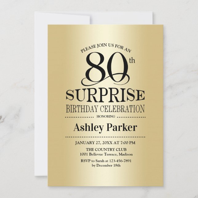 Surprise 80th Birthday Party - Gold Invitation (Front)