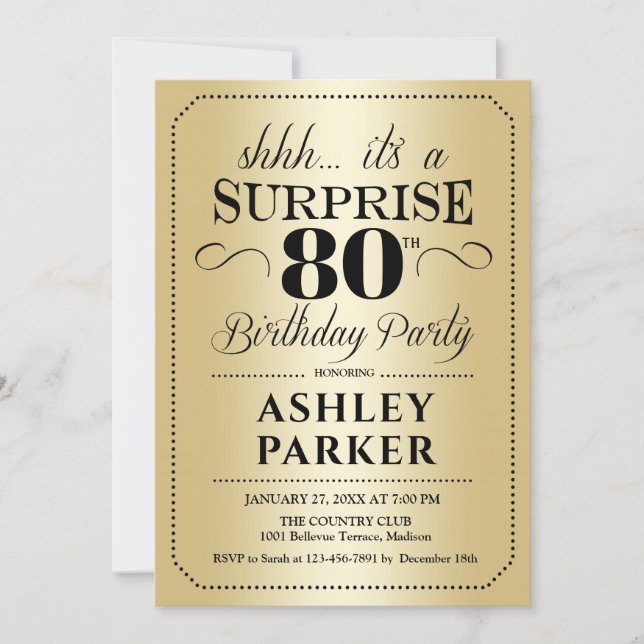 Surprise 80th Birthday Party - Gold Invitation (Front)
