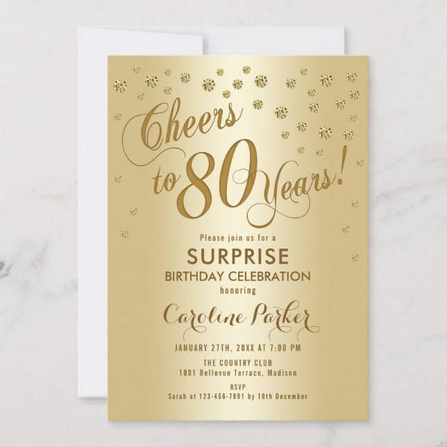 Surprise 80th Birthday Party - Gold Invitation (Front)