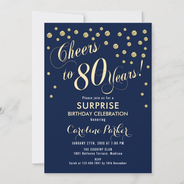 Surprise 80th Birthday Party - Gold Navy Invitation (Front)