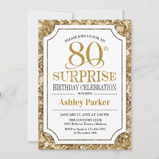 Surprise 80th Birthday Party - Gold White Invitation (Front)