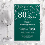 Surprise 80th Birthday Party - Green Silver Invitation<br><div class="desc">Surprise 80th Birthday Party Invitation.
Elegant design in emerald green and faux glitter silver. Features script font and diamonds confetti. Cheers to 80 Years! Message me if you need further customization.</div>
