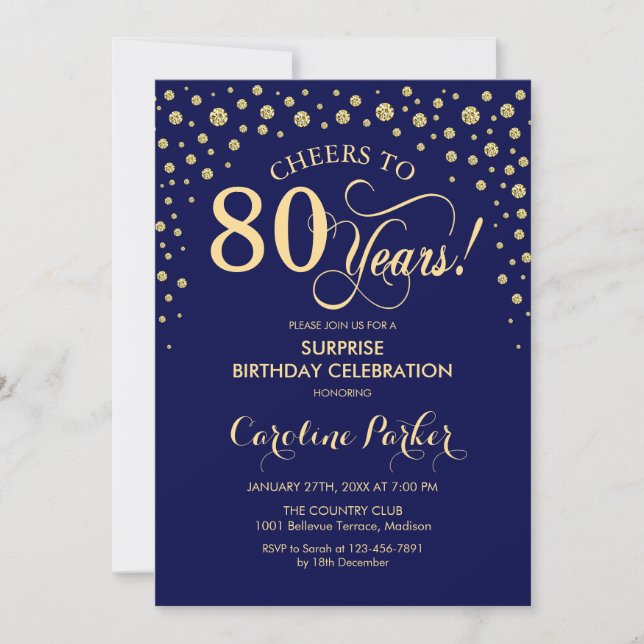 Surprise 80th Birthday Party - Navy Blue Gold Invitation (Front)