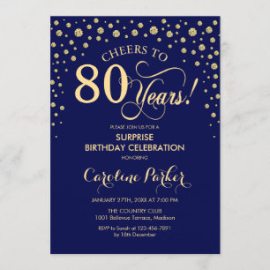 Surprise 80th Birthday Party - Navy Blue Gold Invitation