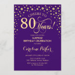 Surprise 80th Birthday Party - Purple Gold Invitation<br><div class="desc">Surprise 80th Birthday Party Invitation.
Elegant design in royal purple and faux glitter gold . Features script font and diamonds confetti. Cheers to 80 Years! Message me if you need further customization.</div>