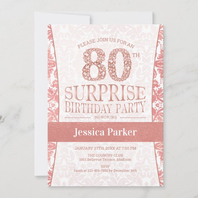 Surprise 80th Birthday Party - Rose Gold White Invitation (Front)