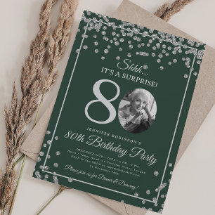 SURPRISE 80th Birthday Party Silver Confetti Green Invitation