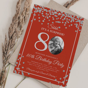 SURPRISE 80th Birthday Party Silver Confetti Red Invitation