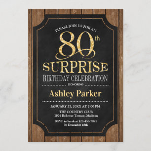 Surprise 80th Birthday Party - Wood Gold Invitation