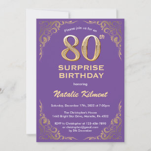 Surprise 80th Birthday Purple and Gold Glitter Invitation
