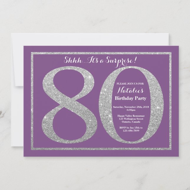 Surprise 80th Birthday Purple and Silver Glitter Invitation (Front)