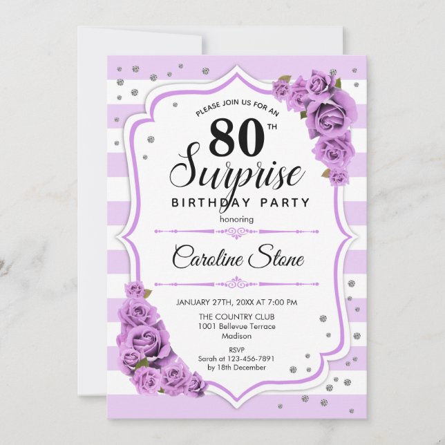 Surprise 80th Birthday - Purple White Invitation (Front)