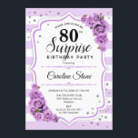 Surprise 80th Birthday - Purple White Invitation<br><div class="desc">Surprise 80th Birthday Invitation.
Feminine white,  lavender lilac design. Features stripes,  pastel purple roses,  script font and confetti. Perfect for an elegant birthday party. Can be personalized to show any age. Message me if you need further customization.</div>
