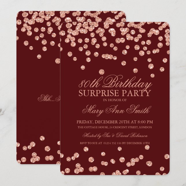 Surprise 80th Birthday Rose Gold Glitter Burgundy Invitation (Front/Back)