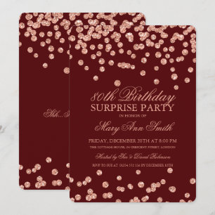 Surprise 80th Birthday Rose Gold Glitter Burgundy Invitation