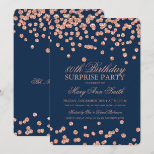 Surprise 80th Birthday Rose Gold Glitter Navy Blue Invitation