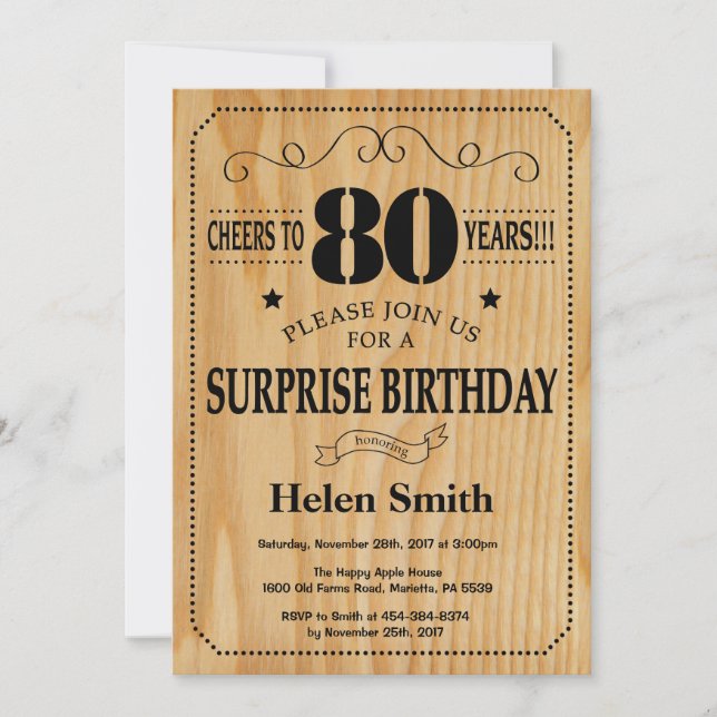 Surprise 80th Birthday Rustic Wood Invitation (Front)