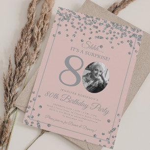 SURPRISE 80th Birthday Silver Confetti Blush Pink Invitation