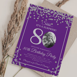 SURPRISE 80th Birthday Silver Confetti Purple Invitation