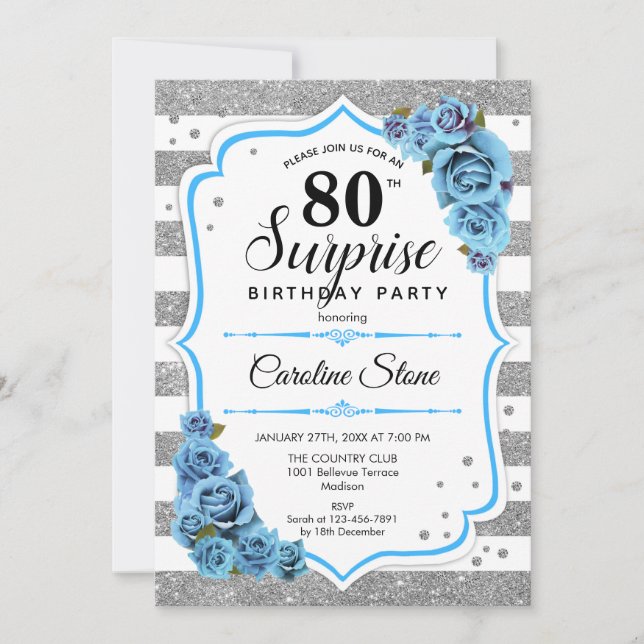 Surprise 80th Birthday - Silver White Blue Invitation (Front)