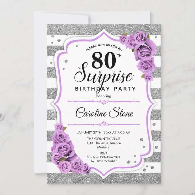 Surprise 80th Birthday - Silver White Purple Invitation (Front)