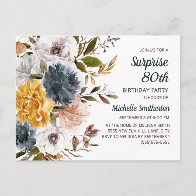 Surprise 80th Birthday Yellow Navy Blue Floral Postcard (Front)