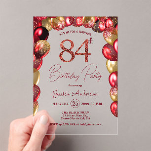 Surprise 84th Birthday Party Gold Burgundy Glitter Acrylic Invitations