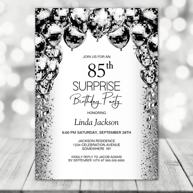 Surprise 85th Birthday Black White Balloons Party Invitation (Creator Uploaded)