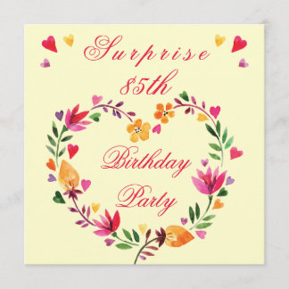 Surprise 85th Birthday Watercolor Floral Heart Invitation