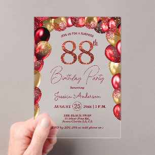Surprise 88th Birthday Party Gold Burgundy Glitter Acrylic Invitations