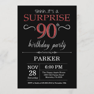 Surprise 90e anniversaire Invitation Noir et Rouge
