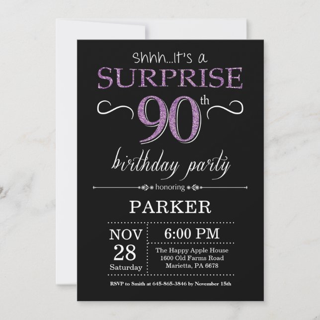 Surprise 90e anniversaire Invitation noir et viole (Devant)