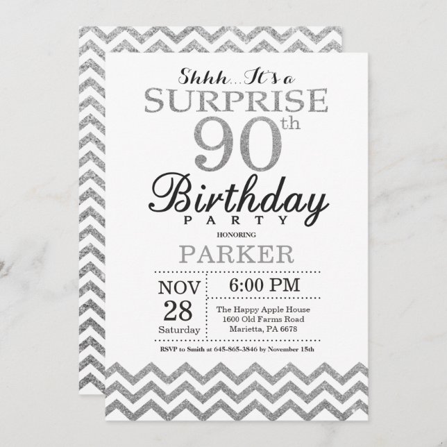 Surprise 90e anniversaire Invitation Parties scint (Devant / Derrière)
