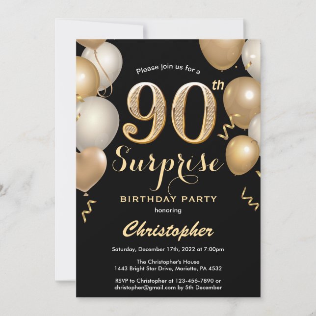 Surprise 90th Birthday Black and Gold Balloons Invitation (Front)