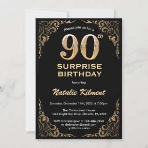 Surprise 90th Birthday Black and Gold Glitter Invitation
