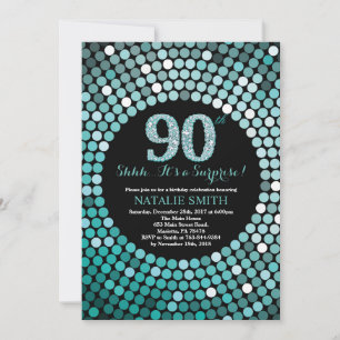 Surprise 90th Birthday Black and Teal Glitter Invitation