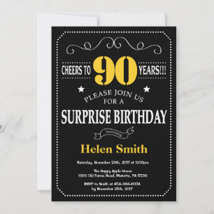 Surprise 90th Birthday Black and Yellow Chalkboard Invitation