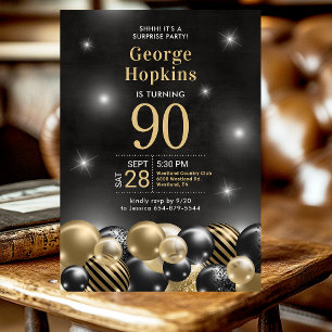 Surprise 90th Birthday Black Gold Balloons Party Invitation