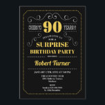 Surprise 90th Birthday - Black Gold Invitation<br><div class="desc">Surprise 90th Birthday Invitation.
Elegant retro chalkboard black,  yellow gold and white design. Cheers to 90 years! can be customized to show any age.</div>