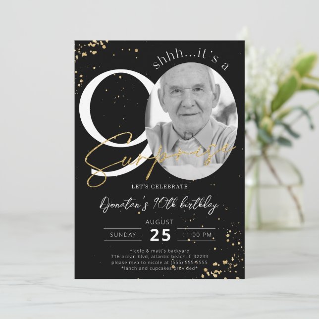 Surprise 90th Birthday Black Gold Photo Invitation (Standing Front)