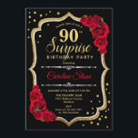 Surprise 90th Birthday - Black Gold Red Invitation<br><div class="desc">Surprise 90th Birthday Invitation.
Feminine black,  red design with faux glitter gold. Features red roses,  script font and confetti. Perfect for an elegant birthday party. Can be personalized to show any age. Message me if you need further customization.</div>