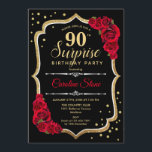 Surprise 90th Birthday - Black Gold Red Invitation<br><div class="desc">Surprise 90th Birthday Invitation.
Feminine black,  red design with faux glitter gold. Features red roses,  script font and confetti. Perfect for an elegant birthday party. Can be personalized to show any age. Message me if you need further customization.</div>