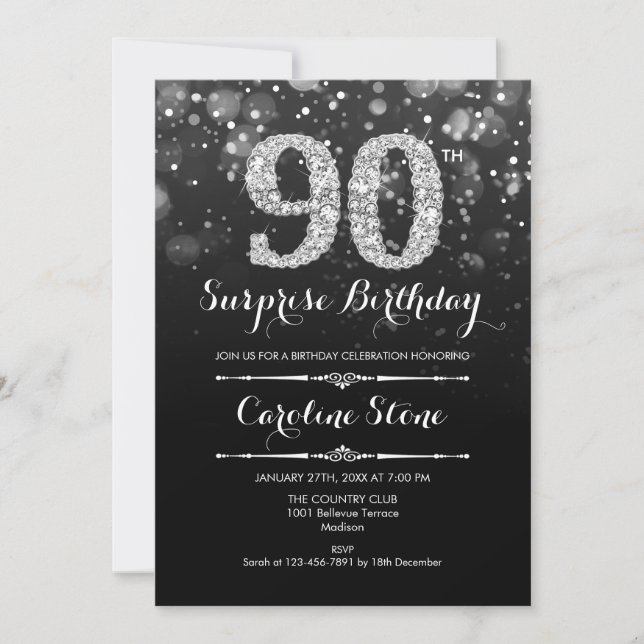 Surprise 90th Birthday - Black Silver Invitation (Front)