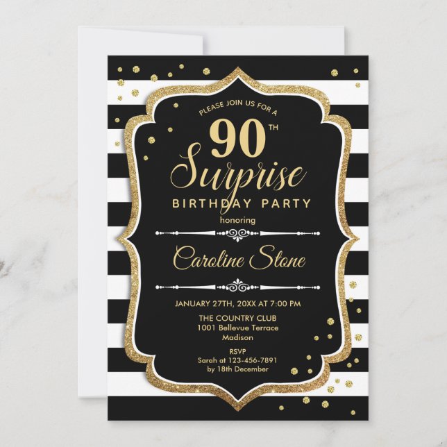 Surprise 90th Birthday - Black White Gold Invitation (Front)