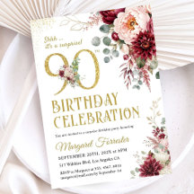 Surprise 90th Birthday Burgundy Gold Blush Floral 