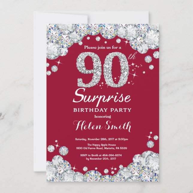 Surprise 90th Birthday Burgundy Red Silver Diamond Invitation (Front)